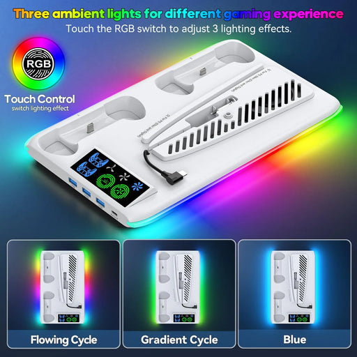 Base de carga y soporte de refrigeración para PS5 Nexorretail con iluminación RGB y doble puerto de carga.