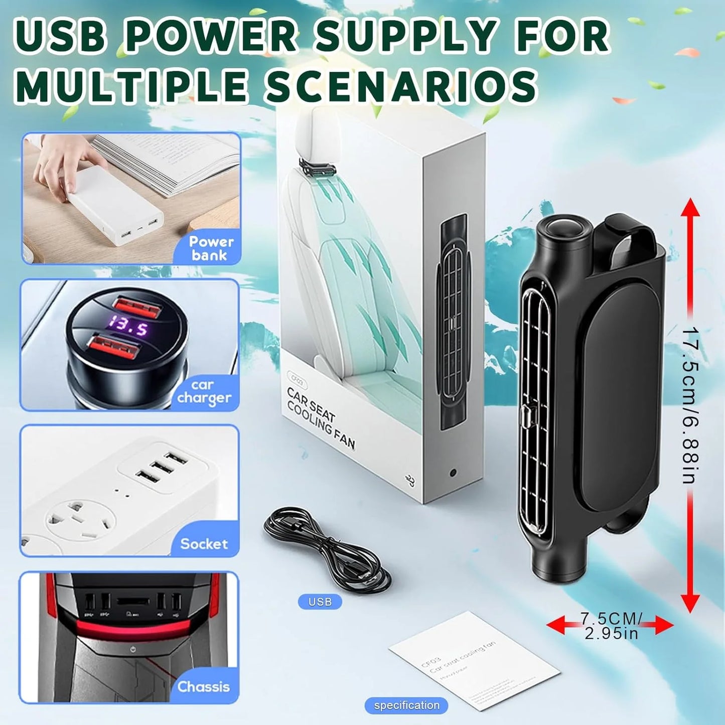 Ventilador de Refrigeración para Asiento de Coche, 3 Velocidades Ajustables, USB 5V, Ventilador de Aire para Reposacabezas de Coche, Ventilador para Asiento Delantero y Trasero, Accesorios para el Interior del Coche