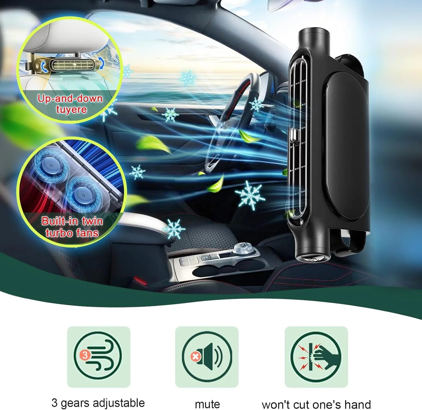 Ventilador de Refrigeración para Asiento de Coche, 3 Velocidades Ajustables, USB 5V, Ventilador de Aire para Reposacabezas de Coche, Ventilador para Asiento Delantero y Trasero, Accesorios para el Interior del Coche