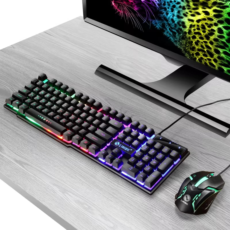 Juego de ratón y teclado para juegos por cable USB, PC, arcoíris, colorido, retroiluminado con LED, Kit de combinación de teclado y ratón para juegos, hogar y oficina