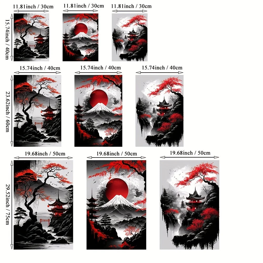 Pintura en lienzo de paisaje Natural japonés sin marco, carteles negros y rojos, impresiones artísticas de pared con tinta Vintage para sala de estar y hogar, 3 uds.
