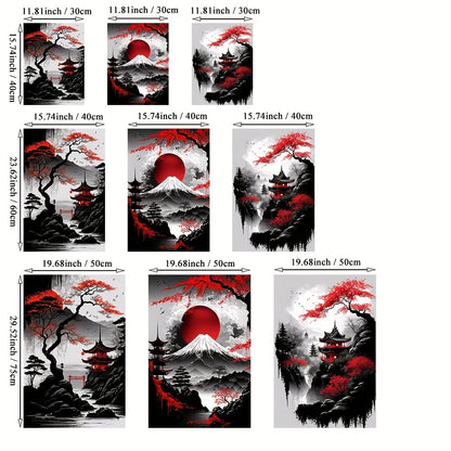 Pintura en lienzo de paisaje Natural japonés sin marco, carteles negros y rojos, impresiones artísticas de pared con tinta Vintage para sala de estar y hogar, 3 uds.
