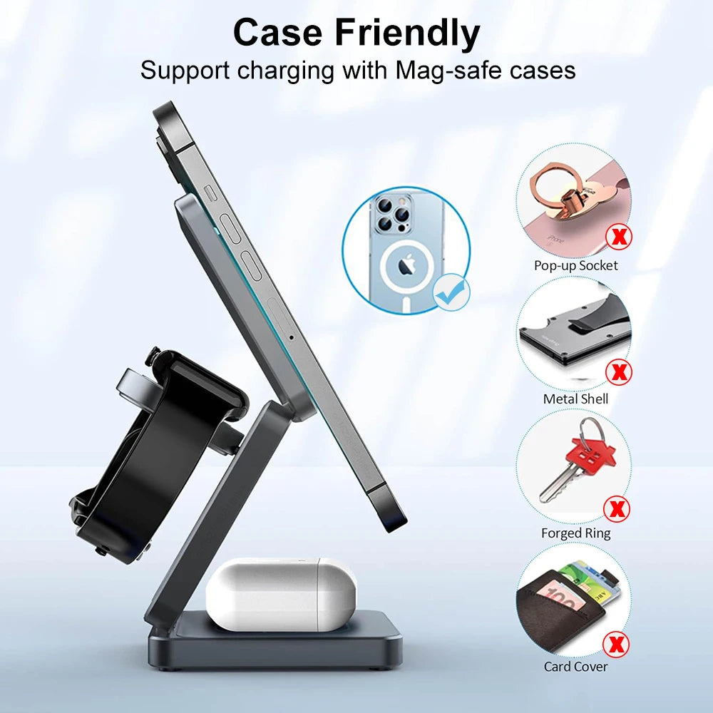 Cargador inalámbrico 3 en 1 estación de carga inalámbrica magnética plegable para iPhone 15 14 13 12 Pro Max Apple Watch 8 9 cargador