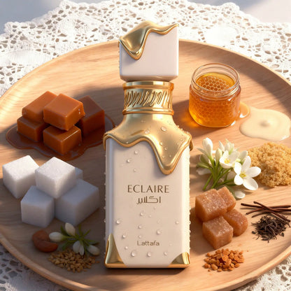 Perfume Lattafa Eclaire 30ml, Eau de Parfum árabe gourmand para mujer, frasco elegante y moderno.