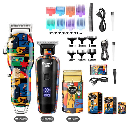 Cortadora de pelo profesional Kemei Grafiti Nexorretail, máquina de afeitar USB con diseño colorido y cabezal de corte ajustable.