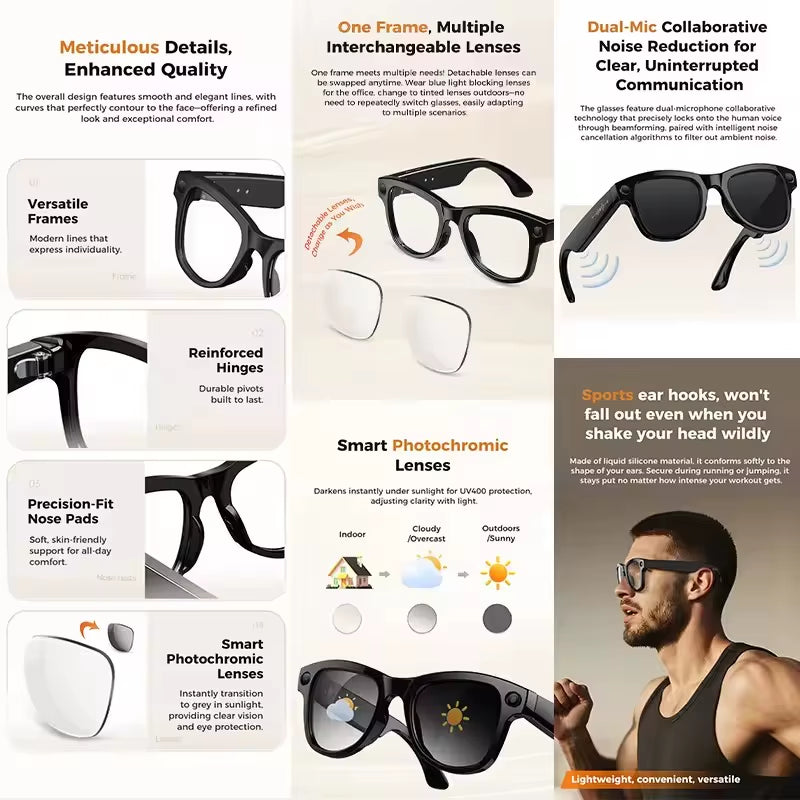 Gafas inteligentes Nexorretail M02 Ultra AI con cámara Sony 8MP y estuche de 3600mAh, vista desde un ángulo lateral