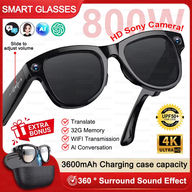 Gafas inteligentes Nexorretail M02 Ultra AI con cámara Sony 8MP y estuche de 3600mAh, en color negro.