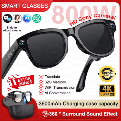 Gafas inteligentes Nexorretail M02 Ultra AI con cámara Sony 8MP y estuche de 3600mAh, en color negro.