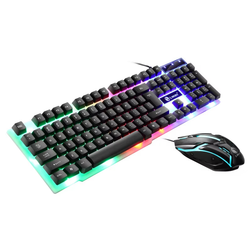 Juego de ratón y teclado para juegos por cable USB, PC, arcoíris, colorido, retroiluminado con LED, Kit de combinación de teclado y ratón para juegos, hogar y oficina