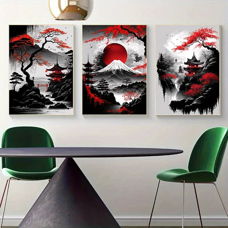 Pintura en lienzo de paisaje Natural japonés sin marco, carteles negros y rojos, impresiones artísticas de pared con tinta Vintage para sala de estar y hogar, 3 uds.