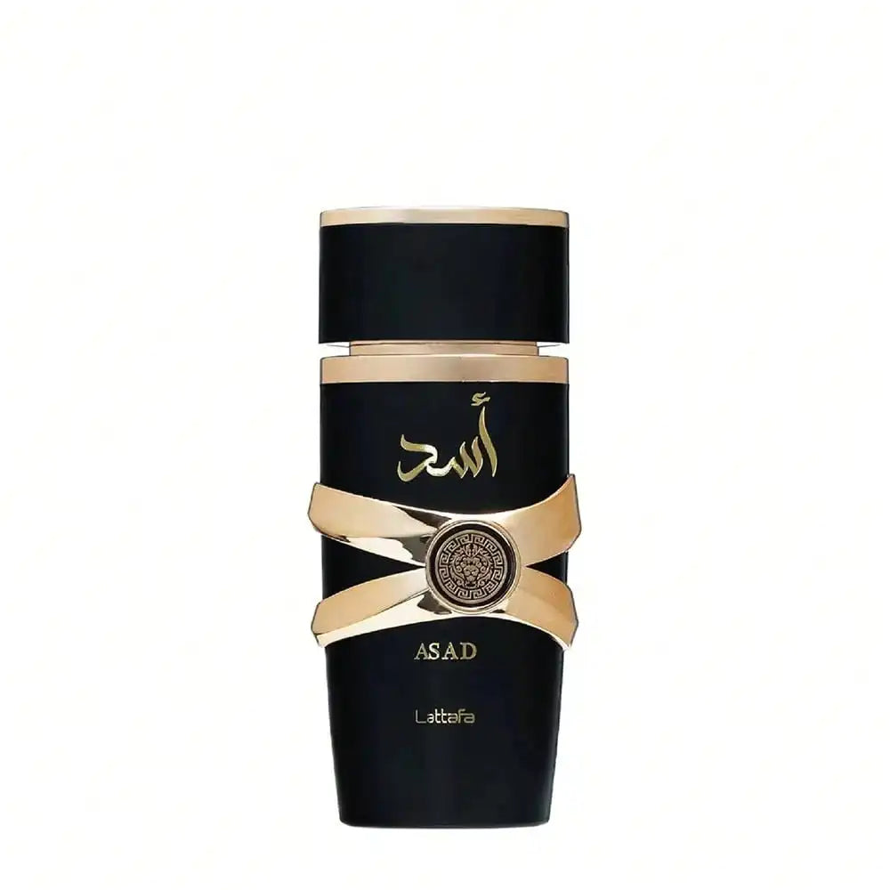Perfume Lattafa Asad 50ml, Eau de Parfum árabe para hombre con frasco elegante y diseño distintivo en la imagen.