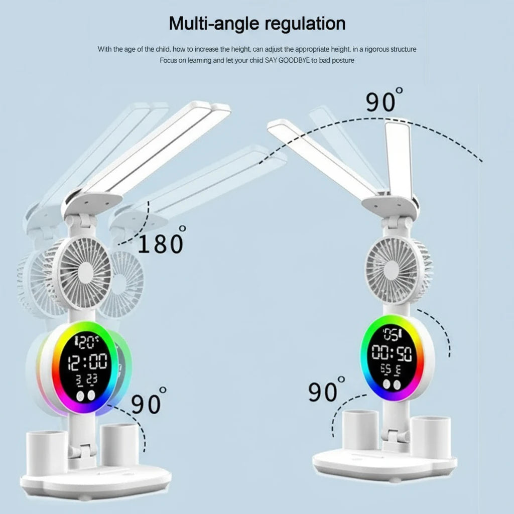Lámpara de mesa LED con ventilador y reloj, luz de escritorio de lectura para estudio, luz nocturna, brillo ajustable