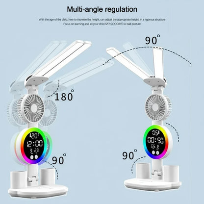 Lámpara de mesa LED con ventilador y reloj, luz de escritorio de lectura para estudio, luz nocturna, brillo ajustable