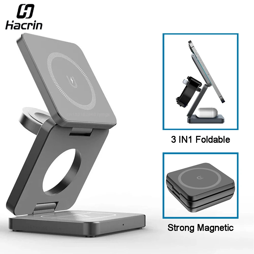Cargador inalámbrico 3 en 1 estación de carga inalámbrica magnética plegable para iPhone 15 14 13 12 Pro Max Apple Watch 8 9 cargador