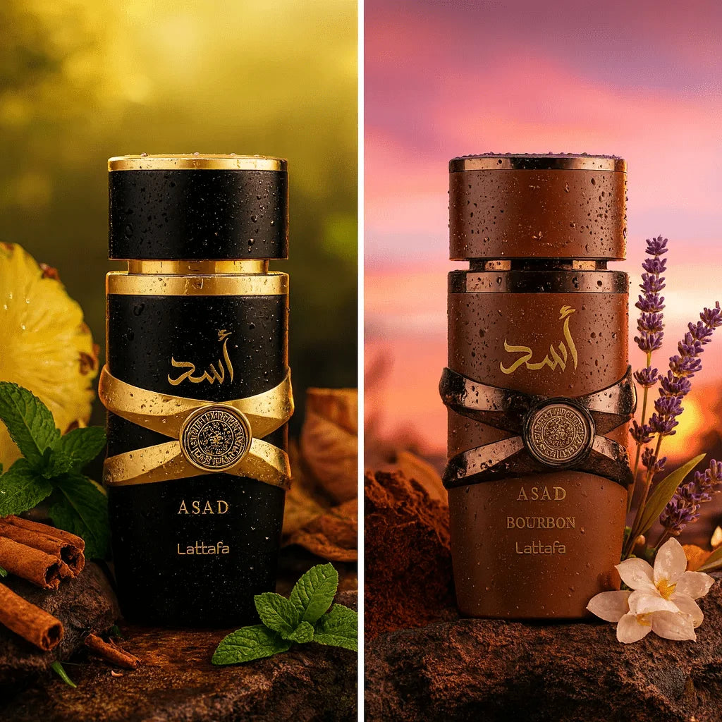 Set de perfumes para hombre Lattafa Asad y Asad Bourbon en estuche, frascos de 50 ml, fragancias masculinas elegantes.