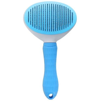 Cepillo para perros y gatos Nexorretail con función de autolimpieza y peine removedor de pelo en uso en un animal peludo
