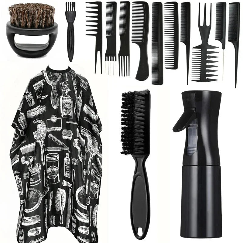 Set de barbería profesional WANMEI con capa ajustable, peines y tijeras, ideal para corte de cabello en barberías.