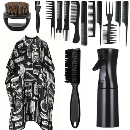 Set de barbería profesional WANMEI con capa ajustable, peines y tijeras, ideal para corte de cabello en barberías.