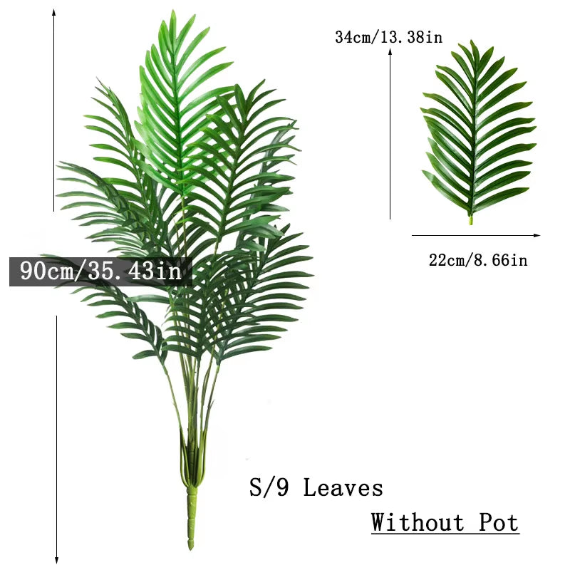 Palmera Artificial grande de 90-120cm, plantas falsas tropicales, hojas de palma de plástico verde, rama de árbol Monstera grande para decoración del jardín del hogar