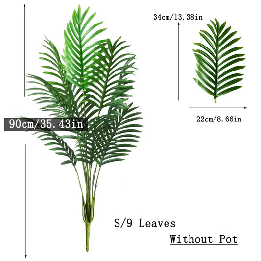 Palmera Artificial grande de 90-120cm, plantas falsas tropicales, hojas de palma de plástico verde, rama de árbol Monstera grande para decoración del jardín del hogar