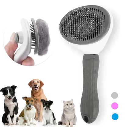 Cepillo para perros y gatos Nexorretail con función de autolimpieza y peine removedor de pelo en uso en mascota.