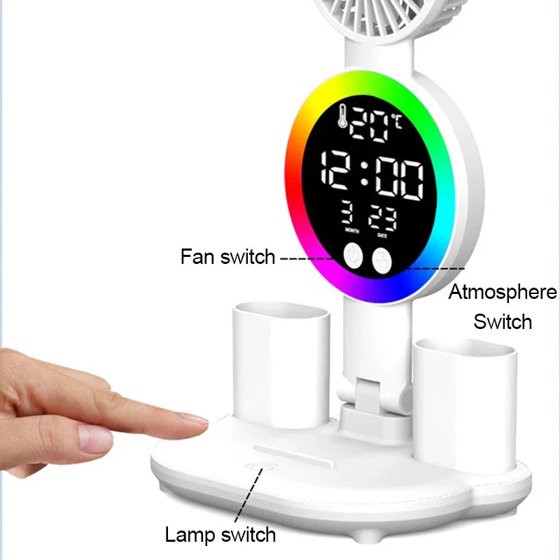 Lámpara de mesa LED con ventilador y reloj, luz de escritorio de lectura para estudio, luz nocturna, brillo ajustable