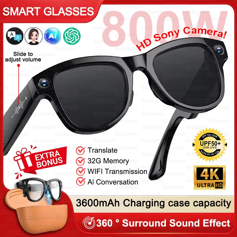 Gafas inteligentes Nexorretail M02 Ultra AI con cámara Sony 8MP y estuche de 3600mAh, vista frontal con diseño moderno