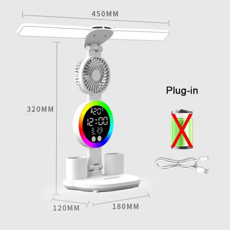 Lámpara de mesa LED con ventilador y reloj, luz de escritorio de lectura para estudio, luz nocturna, brillo ajustable