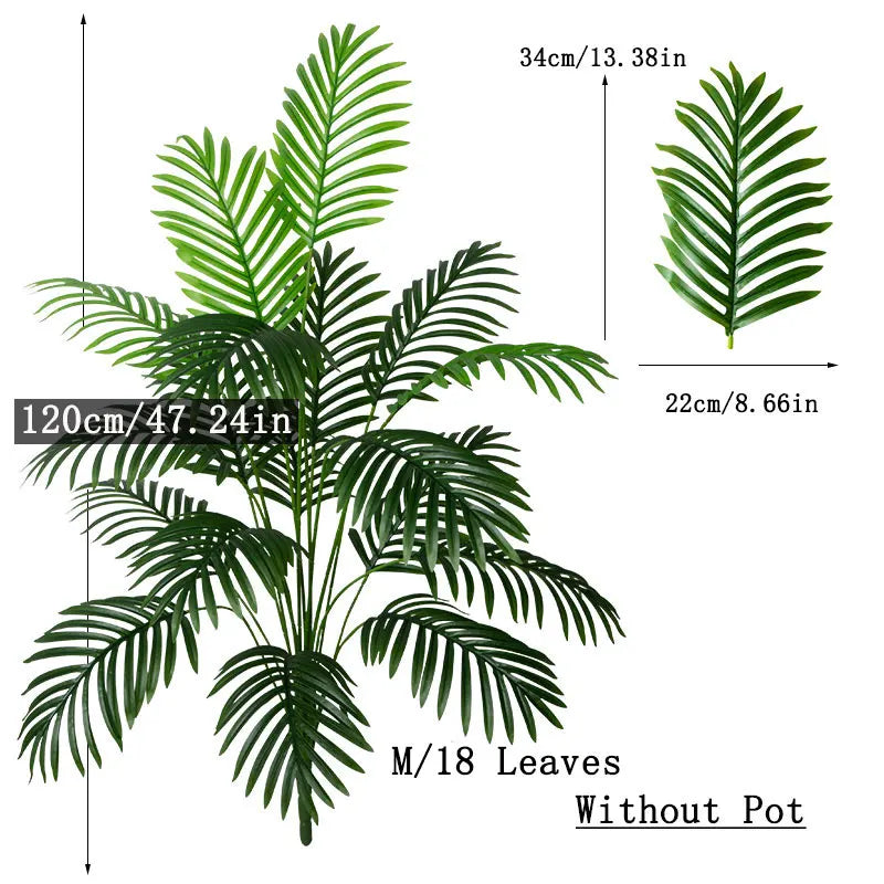 Palmera Artificial grande de 90-120cm, plantas falsas tropicales, hojas de palma de plástico verde, rama de árbol Monstera grande para decoración del jardín del hogar