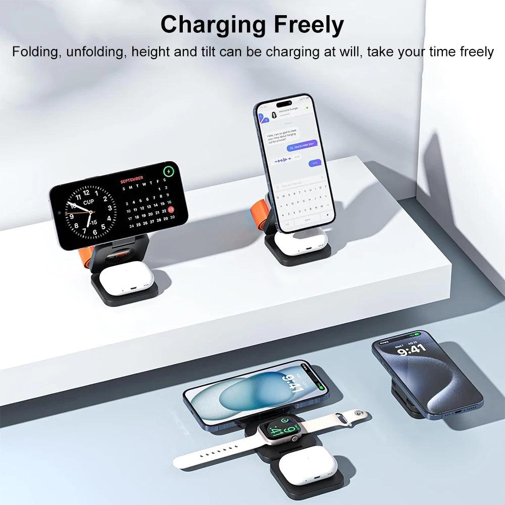 Cargador inalámbrico 3 en 1 estación de carga inalámbrica magnética plegable para iPhone 15 14 13 12 Pro Max Apple Watch 8 9 cargador