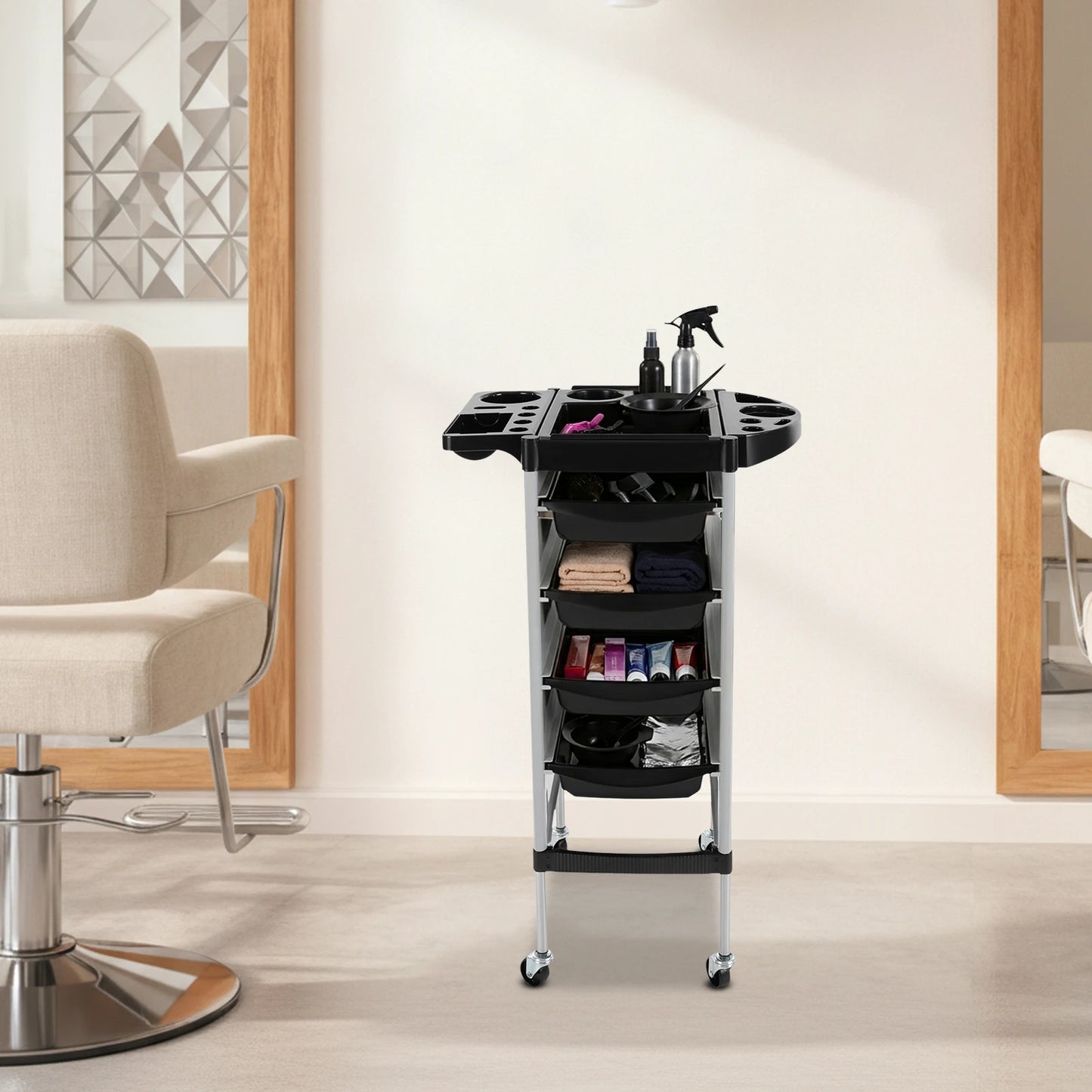 Carrito de Peluquería Moderno Rectangular de 5 Niveles, 4 Cajones con Ruedas Universales, Capacidad de Carga de 15 kg por Nivel, para Barberías