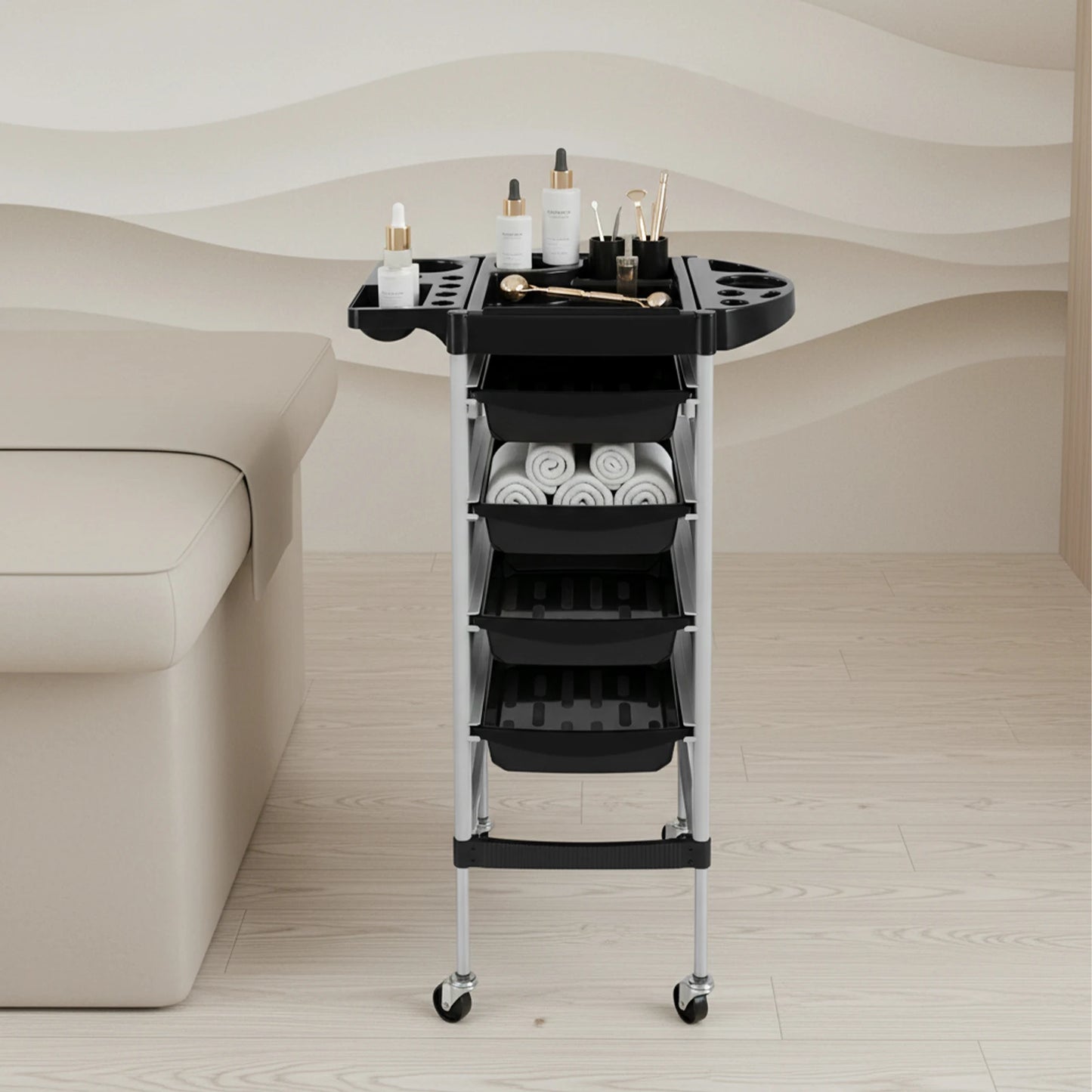 Carrito de Peluquería Moderno Rectangular de 5 Niveles, 4 Cajones con Ruedas Universales, Capacidad de Carga de 15 kg por Nivel, para Barberías