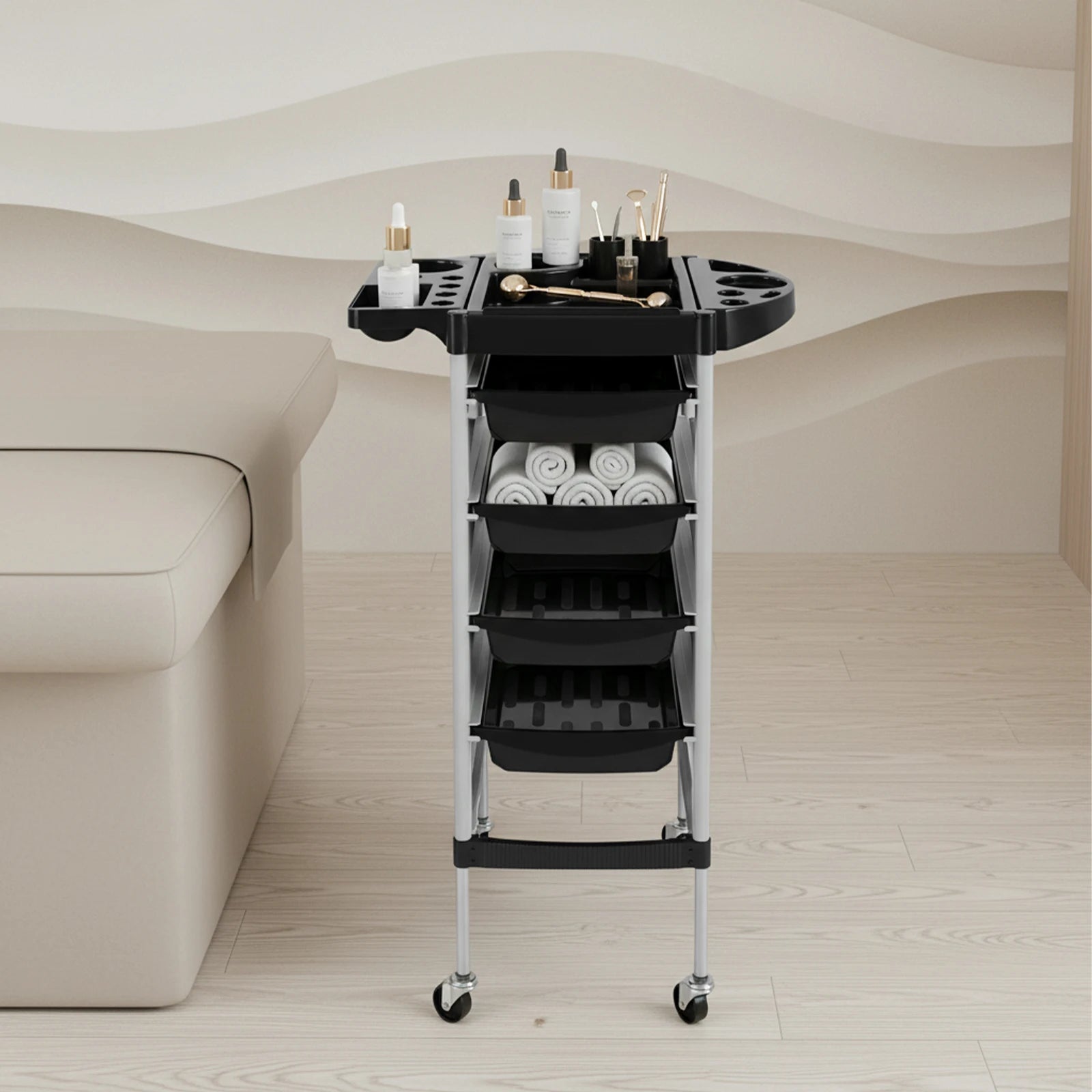 Carrito de Peluquería Moderno Rectangular de 5 Niveles, 4 Cajones con Ruedas Universales, Capacidad de Carga de 15 kg por Nivel, para Barberías