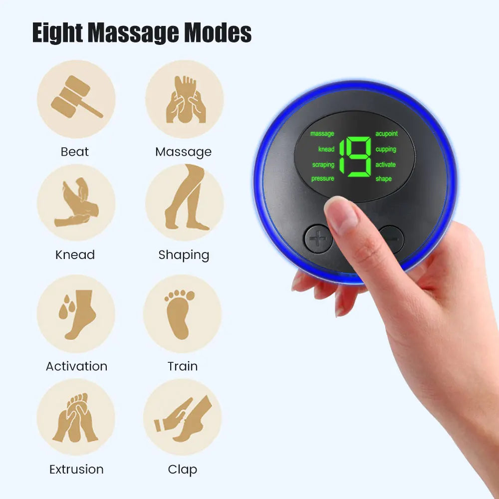 Mini masajeador de cuello EMS portátil Nexorretail con parche eléctrico cervical y pantalla LCD, para aliviar tensión muscular.