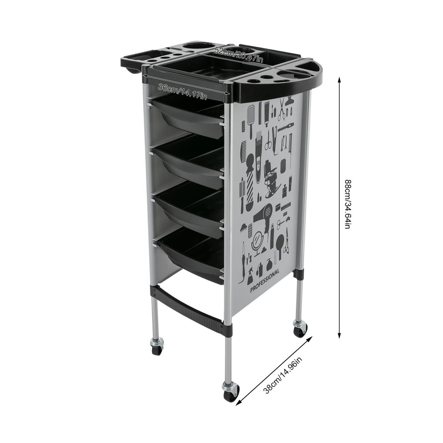 Carrito de Peluquería Moderno Rectangular de 5 Niveles, 4 Cajones con Ruedas Universales, Capacidad de Carga de 15 kg por Nivel, para Barberías