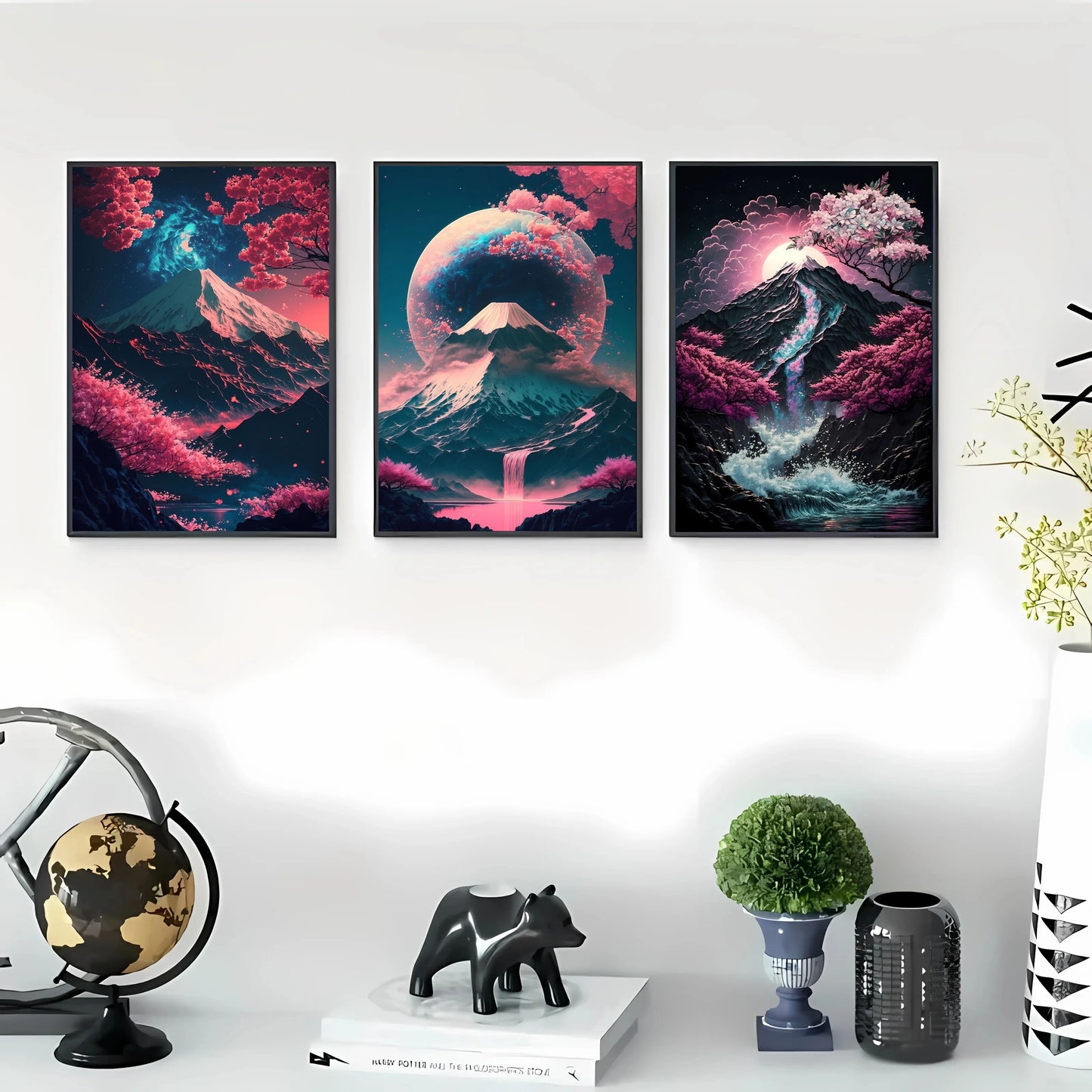 Pintura en lienzo de paisaje Natural japonés sin marco, carteles negros y rojos, impresiones artísticas de pared con tinta Vintage para sala de estar y hogar, 3 uds.