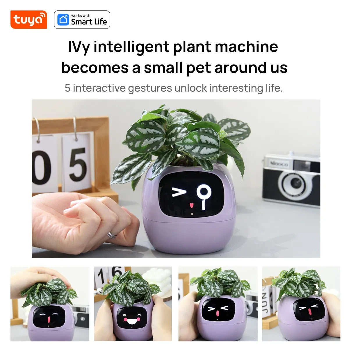 Maceta inteligente Tuya Ivy de Nexorretail con IA y 49 expresiones animadas, mostrada en un entorno doméstico moderno.