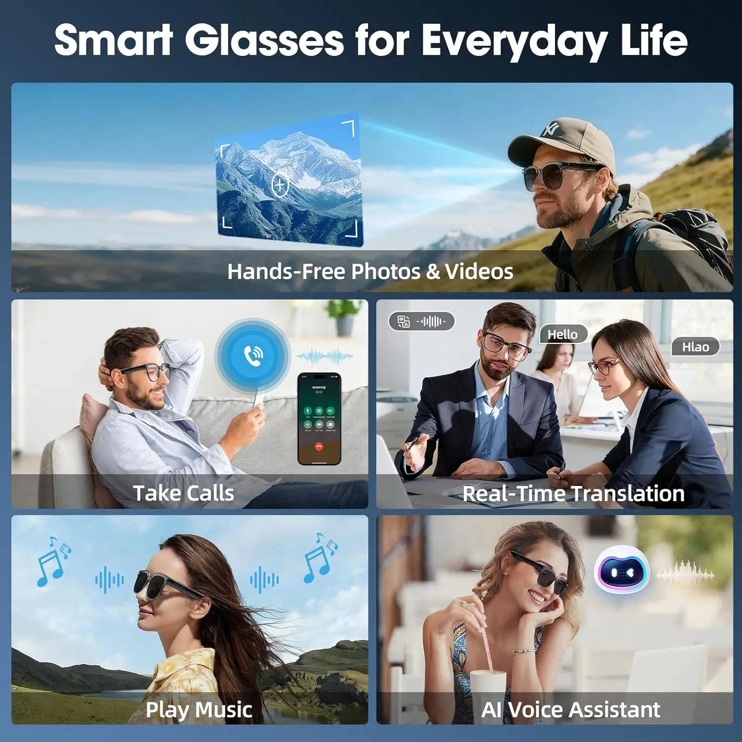 Gafas inteligentes Nexorretail con cámara HD 1080P, audio Bluetooth y almacenamiento de 32GB, para hombre, en color negro.