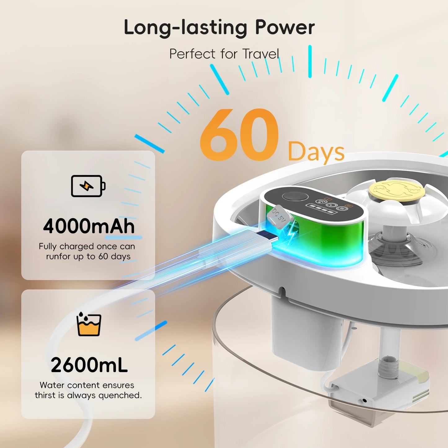 Fuente de agua inalámbrica para gatos, dispensador de agua inalámbrico con Sensor automático para mascotas, funciona con batería de 4000mAh para gatos y perros