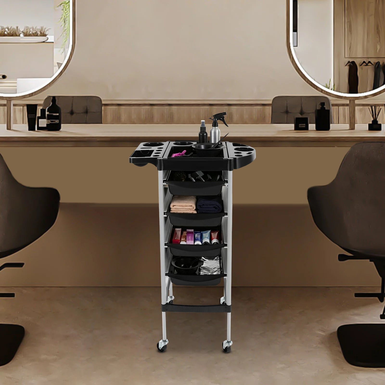 Carrito de Peluquería Moderno Rectangular de 5 Niveles, 4 Cajones con Ruedas Universales, Capacidad de Carga de 15 kg por Nivel, para Barberías