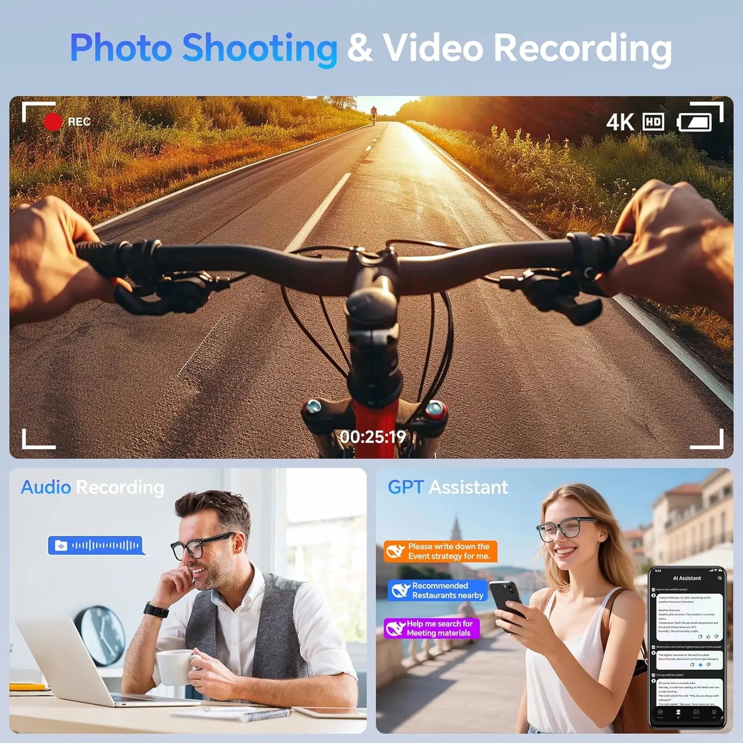 Gafas inteligentes Nexorretail con cámara HD 1080P, audio Bluetooth y memoria de 32GB, para hombre, detalles visibles en la imagen