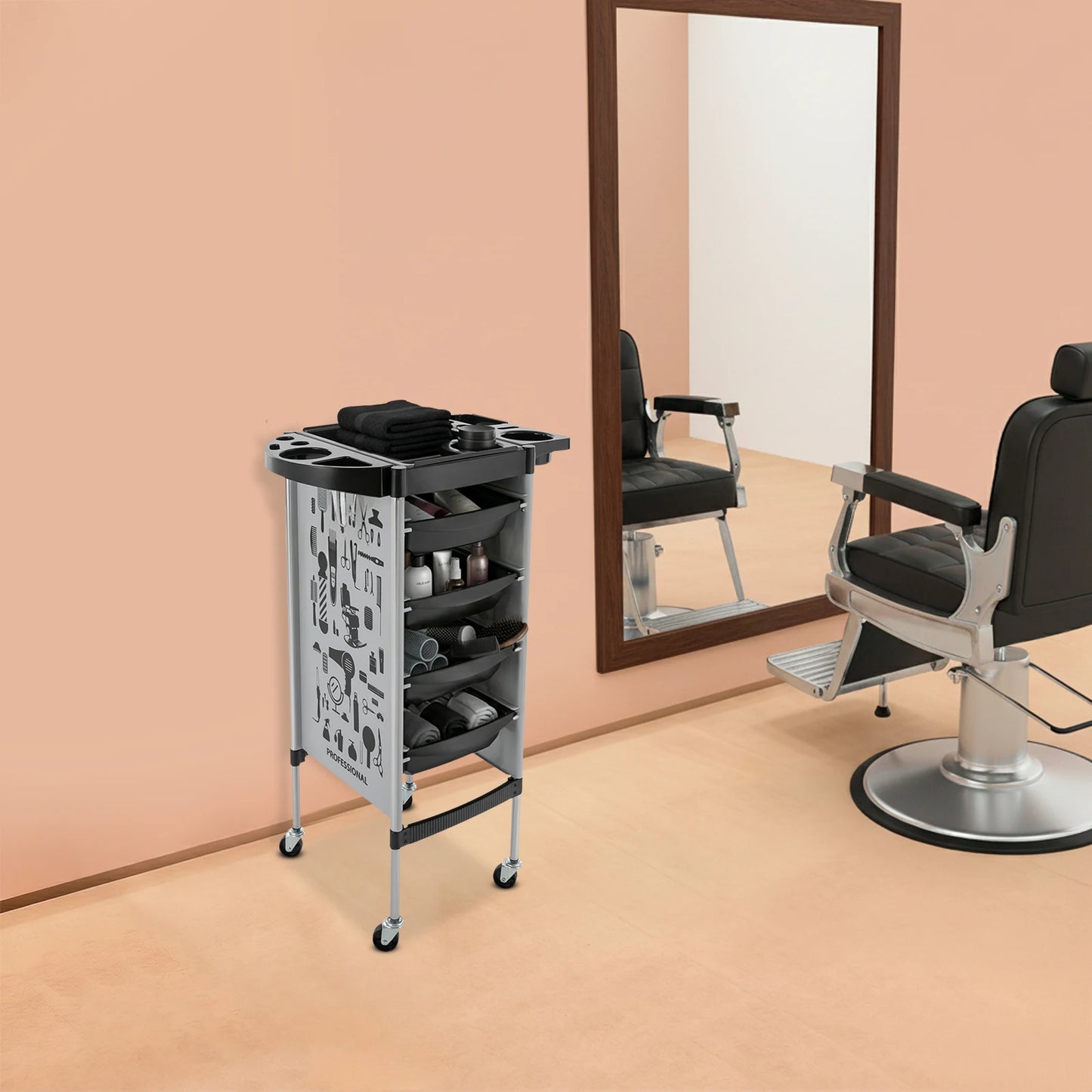 Carrito de Peluquería Moderno Rectangular de 5 Niveles, 4 Cajones con Ruedas Universales, Capacidad de Carga de 15 kg por Nivel, para Barberías