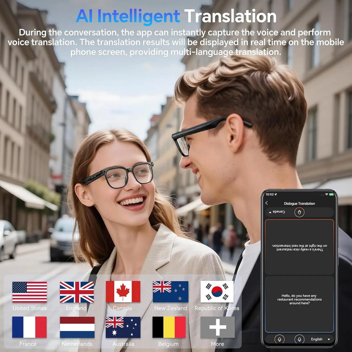 Gafas inteligentes Nexorretail con cámara HD 1080P, audio Bluetooth y memoria 32GB, diseñadas para hombre, vista frontal.