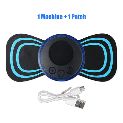 Mini masajeador de cuello EMS portátil Nexorretail con parche eléctrico cervical y pantalla LCD para alivio muscular.