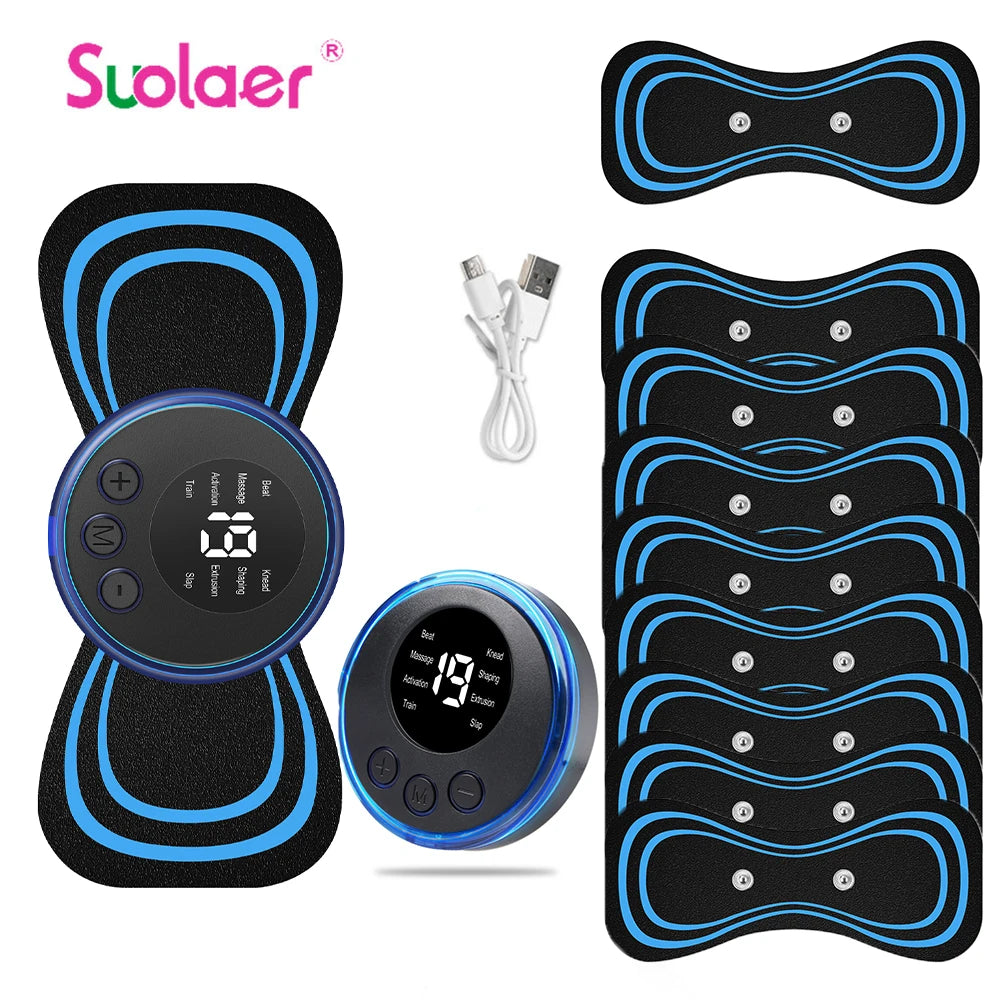 Mini masajeador de cuello EMS portátil Nexorretail con parche eléctrico cervical y pantalla LCD para alivio muscular.