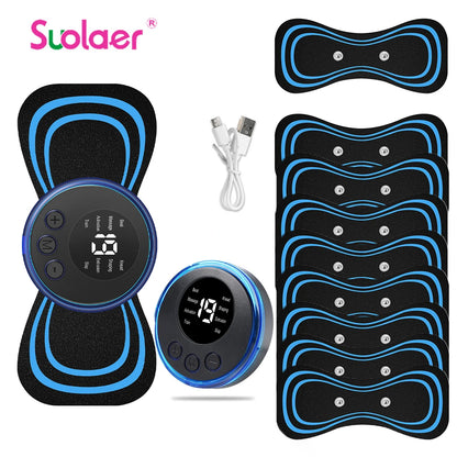 Mini masajeador de cuello EMS portátil Nexorretail con parche eléctrico cervical y pantalla LCD para alivio muscular.
