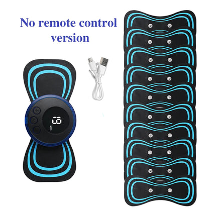 Mini masajeador de cuello EMS portátil Nexorretail con parche eléctrico cervical y pantalla LCD visible en la imagen.