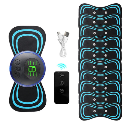 Mini masajeador de cuello EMS portátil Nexorretail con parche eléctrico cervical y pantalla LCD para alivio muscular.