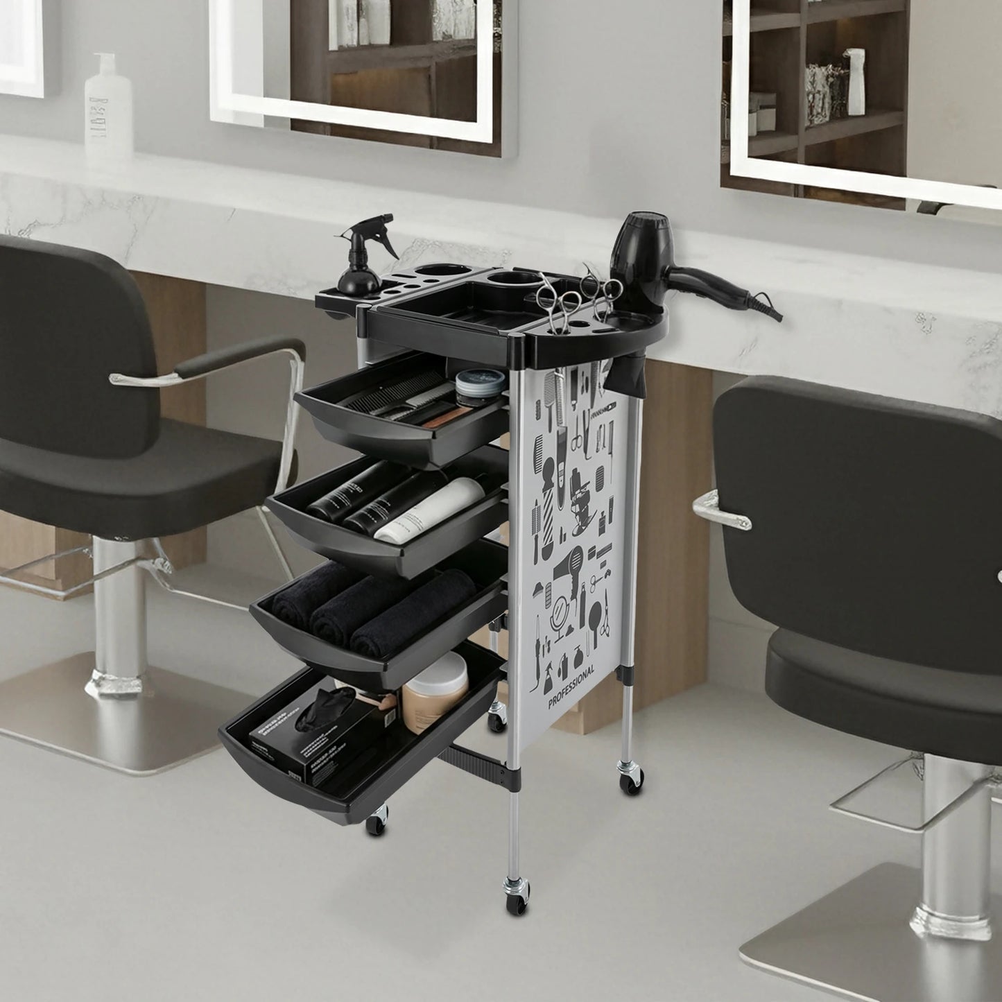 Carrito de Peluquería Moderno Rectangular de 5 Niveles, 4 Cajones con Ruedas Universales, Capacidad de Carga de 15 kg por Nivel, para Barberías