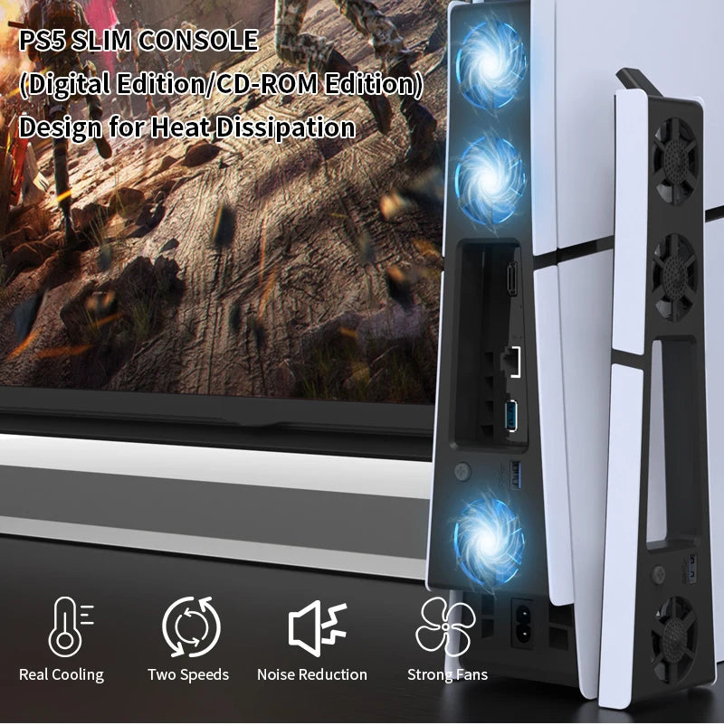 Ventilador de refrigeración para PS5 Slim Nexorretail con extractor LED silencioso y diseño compacto.